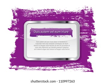 Purple vector glossy glass banner with metallic frame on a hand-painted daub background