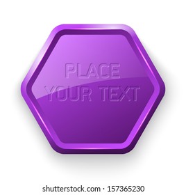 Purple vector glossy hexagonal plastic badge 