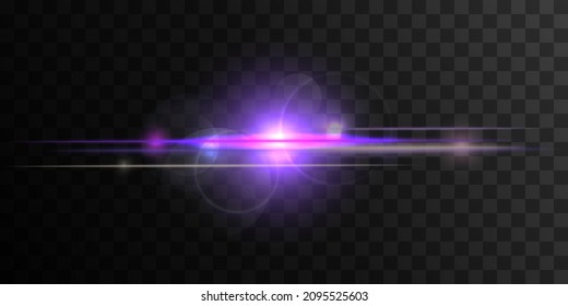 Purple Vector Glowing sun beam with lensflare. Lens flare, light leaks. Very peri color light flash on transparent background.