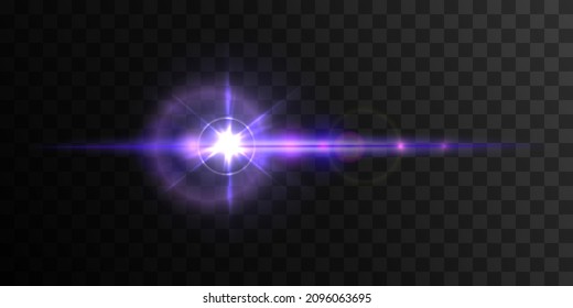 Purple Vector Glowing sun beam with lensflare. Lens flare, light leaks. Very peri color light flash on transparent background.
