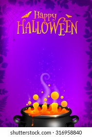 Purple vector Halloween poster template with orange potion in black cauldron