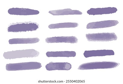 Violette, horizontale Vektorgrafik mit Pinselstrichen in Aquarell auf weißem, isoliertem Hintergrund. Trendige abstrakte Pinselstrich lila Sammlung. Handgezeichnete Aquarell-Vorlagenelemente.