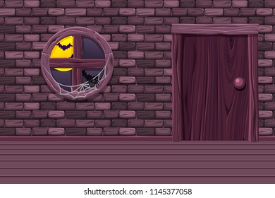 Purple vector house cellar, illustration interior room with old window, door and stone wall