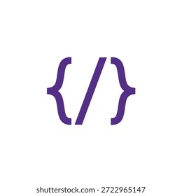Un ícono de Vector púrpura que muestra corchetes rizados con una barra diagonal que representa el código de software.