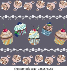 violette Vektorgrafik mit mehrfarbigen Muffins und Cappuccino