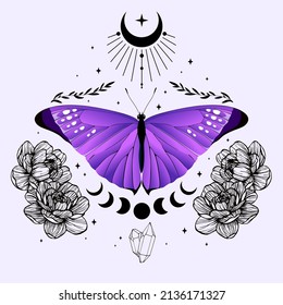 Purple vector illustration with butterfly. Abstract mystic sign. Black linear shape. For you design, tattoo or magic craft.
