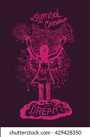Purple vector line illustration woman hand up creator sketch