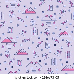 Purple Vector Mountain Skiing Winter landscape repeat pattern design