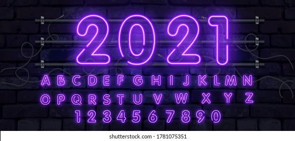 Purple vector neon tube alphabet font. Neon color letters, numbers and symbols. Stock vector typeface for any typography design.