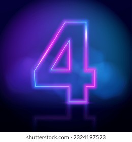 Purple vector neon tube number four with fog on dark background. Neon color glowing number