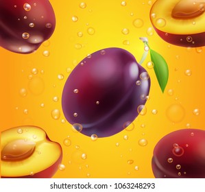 Purple vector plum fruits in juice packaging design
