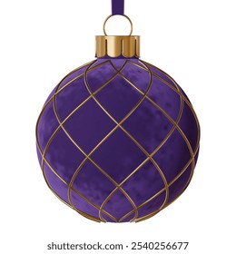 Ornamento de bola de Natal de veludo realista vetor roxo. Bolha festiva com decoração diagonal em cruz dourada, isolada em um fundo branco.