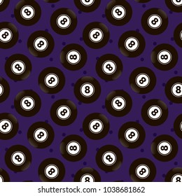 Purple vector seamless pattern background with magic 8 balls and dots.