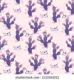 Purple vector seamless pattern with cacti and skulls in desert.