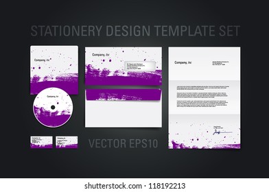 Purple vector stationery design template set with hand painted brush strokes texture