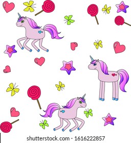 Purple vector unicorns with big eyes on a white background surrounded by pink hearts, purple stars, red sweets and yellow and green butterflies.