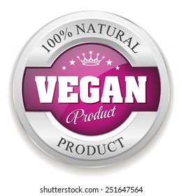 Purple vegan product badge with silver border on white background
