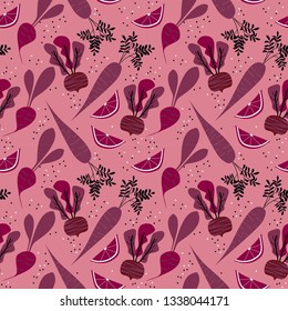 Purple vegetables seamless pattern. Fresh organic purple vegetables including beetroot, reddish, carrot and lemon.