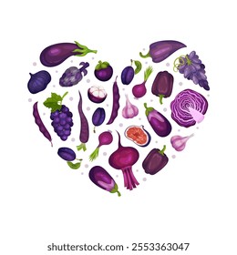 Púrpura Veggie y Fruta Forma de Corazón Composición Vector Plantilla