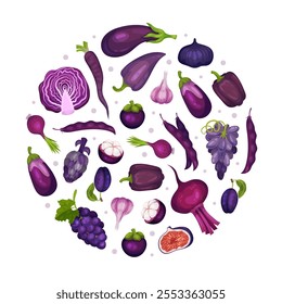 Purple Veggie and Fruit Round Composition Vector Template