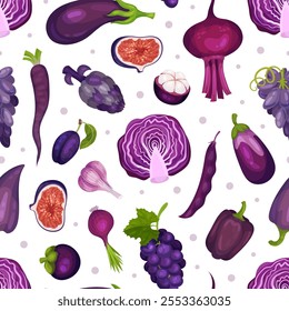 Purple Veggie and Fruit Seamless Pattern Vector Template