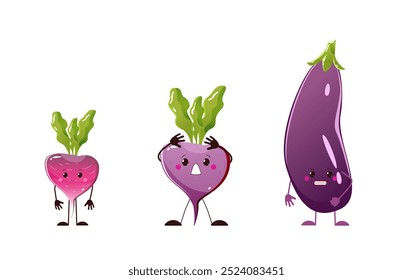 Roxo vegetariano definir personagens de mascote de desenho animado. Berinjela rabanete. comida saudável vegetal vegetariano. ilustração vetor isolado