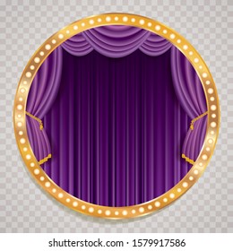 purple velvet blank empty stage with golden frame, show business and entertainment background