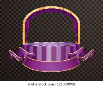 purple velvet circus stage with golden frame and blank purple banner, show business and entertainment background