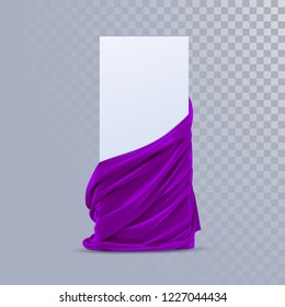 Purple velvet fabric with paper banner. Decoration element for design. Vector realistic illustration. Realistic textile with folds and drapes isolated on transparent background