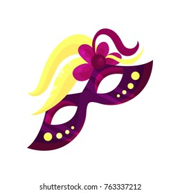 Purple venetian carnival mask with flower, masquerade mask vector Illustration