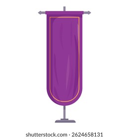 Purple vertical banner with golden frame hanging on a metal pole, isolated on a white background
