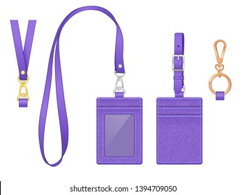 purple vertical name tag and neck strap, leather texture ID work badge card holder with front window/ plastic membrane shield and slot in at the back, vector illustration sketch template