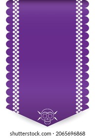 Purple and vertical perforated paper -or 'papel picado'- with skull to celebrate Day of the Dead (in Spanish: 'Dia de Muertos').