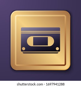 Purple VHS video cassette tape icon isolated on purple background. Gold square button. Vector Illustration