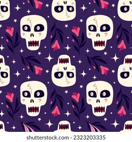 Purple Vibrant Halloween pattern with mystical Gothic skulls.