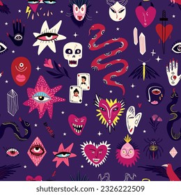 Violett Vibrierendes Halloween-seltsames Muster mit magischen mystischen esoterischen gotischen Symbolen