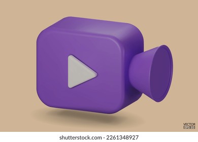 Purple Video camera icon isolate on background. 3d Realistic movie icon, play button for the interface of applications and web pages. Video, streaming, multimedia concept. 3D vector illustration.