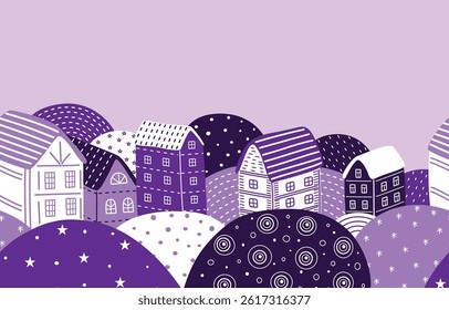 Purple Village. Seamless Border with Stylized Houses and Fields. Hand Drawn Houses Background. Patchwork Stencil. Vector illustration
