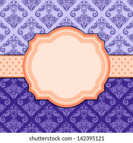 Purple Vintage Damask Card with Label. Vector Background