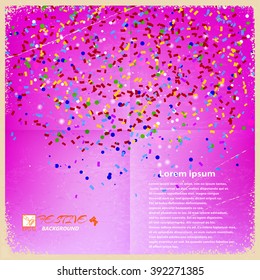 Purple vintage grunge background with confetti. Vector illustration