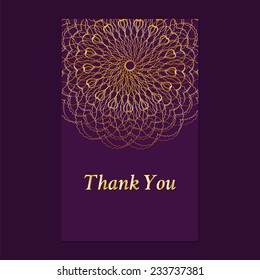 Purple vintage invitation card with gold lace doily flower . Template frame design for card with lace ornament.