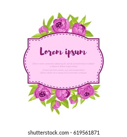 Purple vintage peonies poster with copy space - tender retro banner. Flat elegance floral vector illustration.