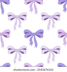 Purple Vintage Tied Bows Seamless Pattern. Coquette romantic Kawaii background with decorative ribbons and knots. Repeat vector illustration with pastel colors.