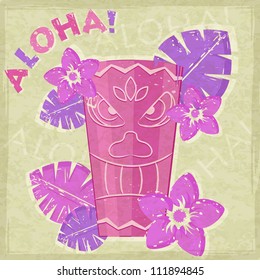 Purple Vintage Vacation Retro Aloha Card with Totem and Flowers