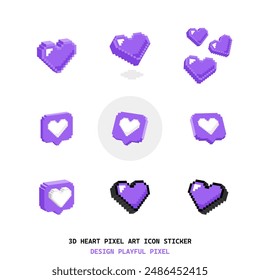 PÚRPURA VIOLETA 3D Heart Pixel Art Icon Sticker