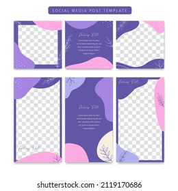 purple violet aesthetic elegant floral rustic abstract style instagram social media background post and story posting template set