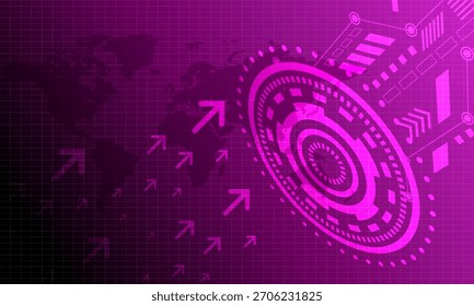 violetter Pfeil mit Kreisschaltung Cyberspace elektronisch mit Weltkarte abstrakter High-Tech-Hintergrund