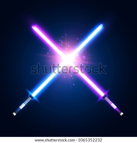 Purple violet and blue crossed light neon swords with trembling blades fight. Laser sabers war on dark blue background. Glowing rays in space. Battle elements with star. Colorful vector illustration.