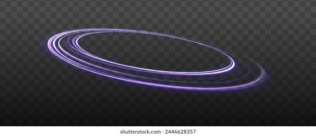 Purple, violet, blue and pink electric bright circular portal, laser, neon lamp bulb banner. Curve blue line light effect. Magic circle vector. Abstract lights at motion exposure time.	
