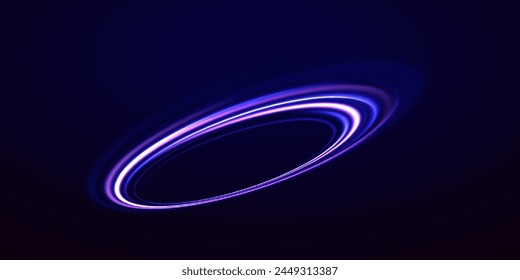 Purple, violet, blue and pink electric bright circular portal, laser, neon lamp bulb banner. Curve blue line light effect. Magic circle vector. Abstract lights at motion exposure time.	
